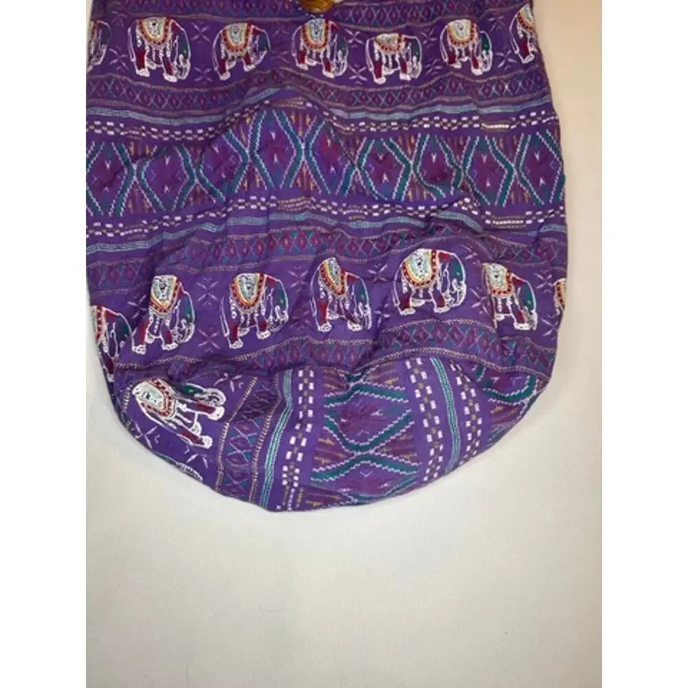Purple Elephant Print Boho Sling Bag Hippie Hobo Shoulder Purse Zip Pockets